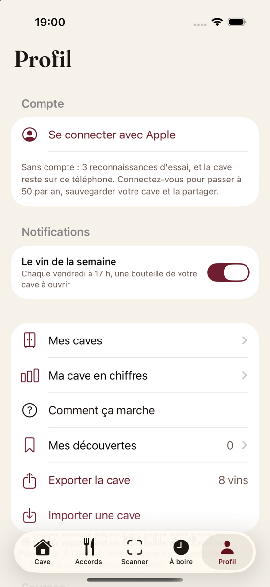 Le profil, les notifications et la connexion avec Apple